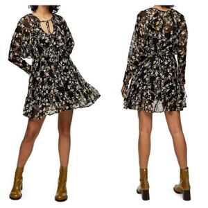 Topshop Sheer Chiffon Long Sleeve Ruffled Boho Mini Dress US 2 Black Floral NWT